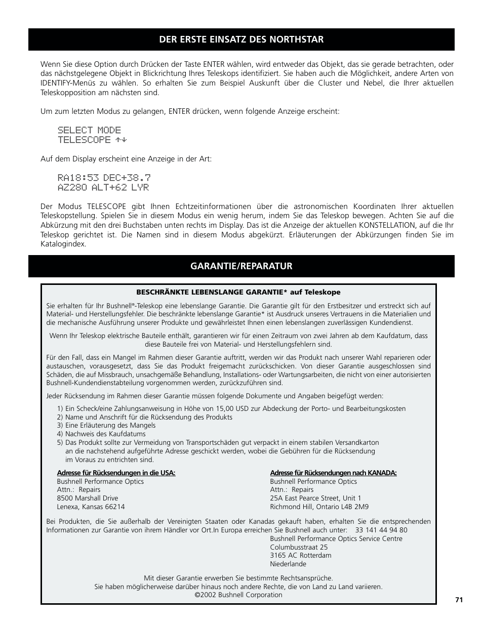Der erste einsatz des northstar, Garantie/reparatur | Bushnell North Star Goto 78-8831 User Manual | Page 71 / 88