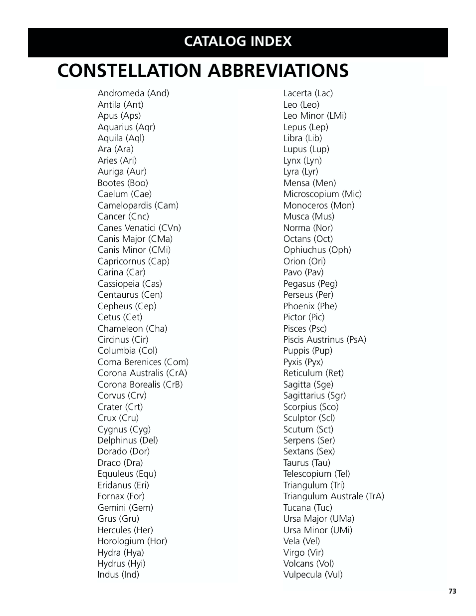 Constellation abbreviations, Catalog index | Bushnell North Star Goto 78-8831 User Manual | Page 73 / 88