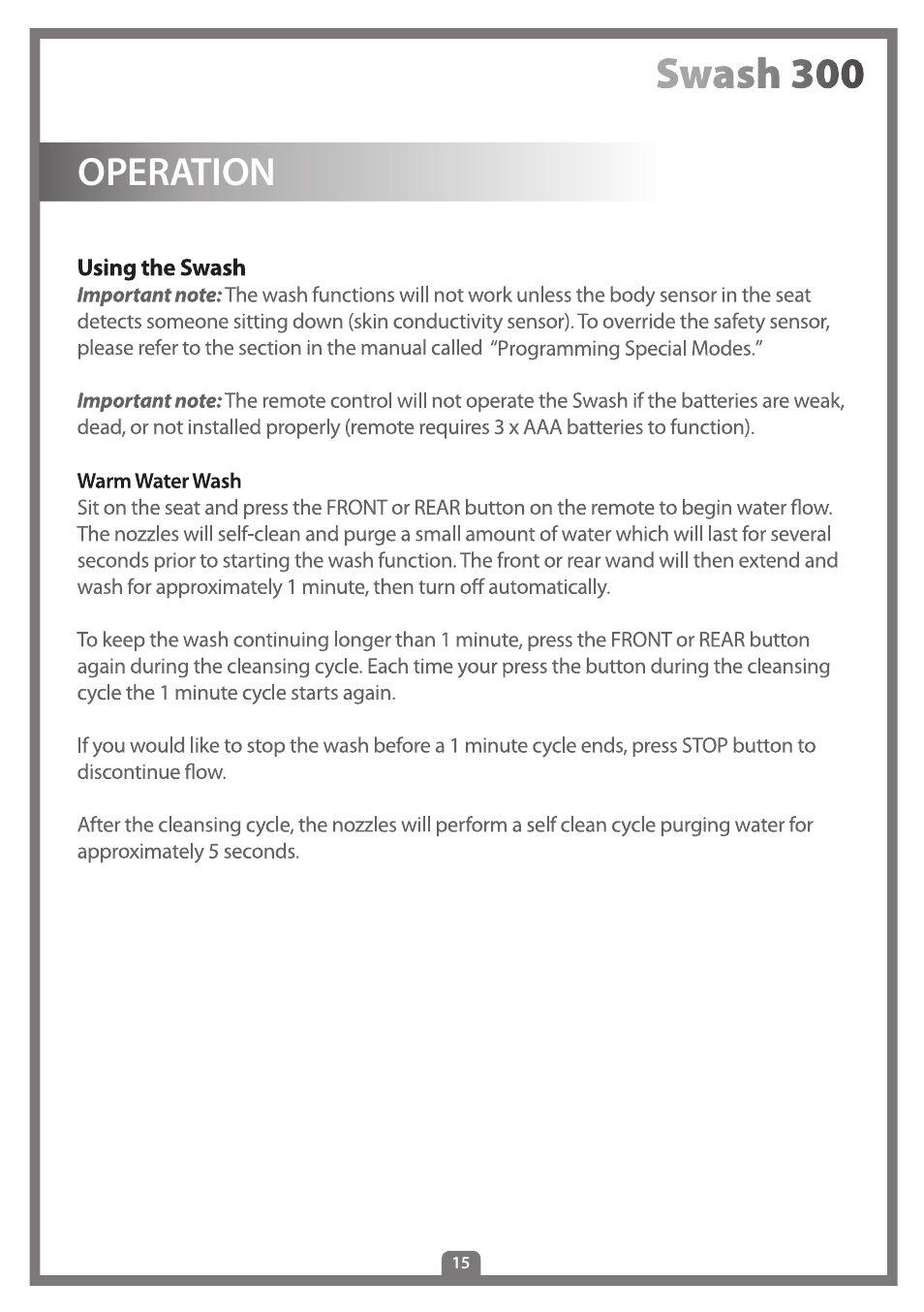 Operation | Brondell Swash 300 User Manual | Page 17 / 80