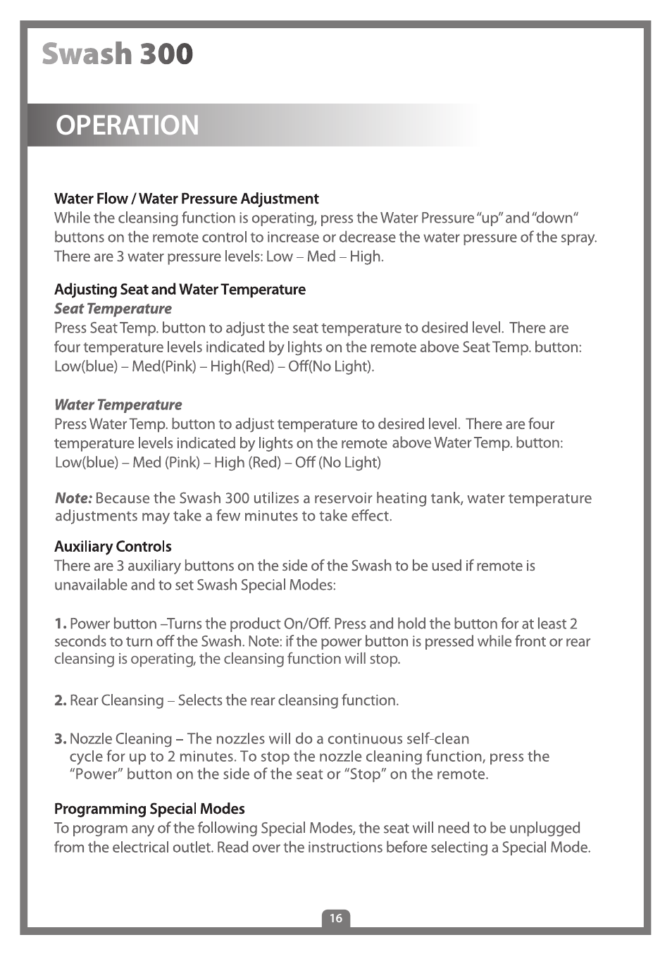 Operation | Brondell Swash 300 User Manual | Page 18 / 80