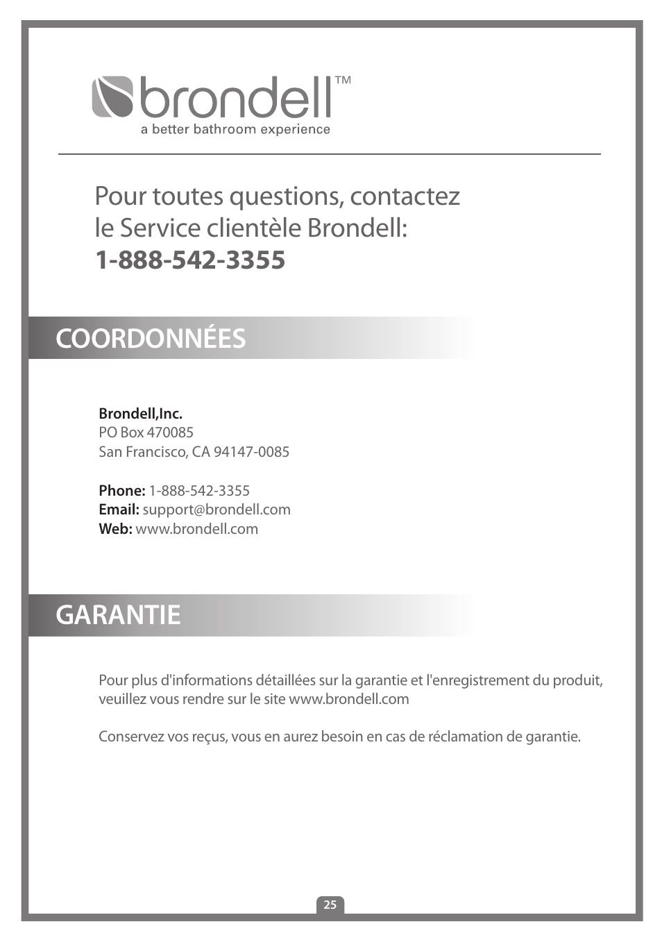 Coordonnées garantie | Brondell Swash 300 User Manual | Page 53 / 80