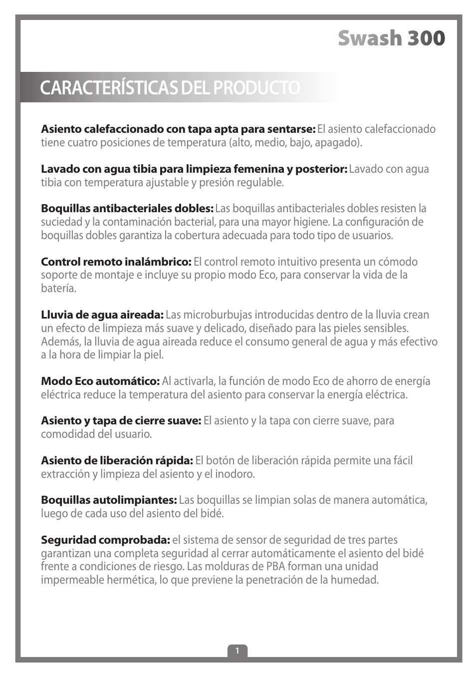 Características del producto | Brondell Swash 300 User Manual | Page 55 / 80