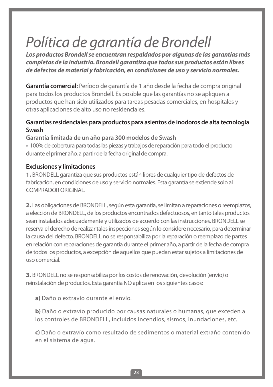 Política de garantía de brondell | Brondell Swash 300 User Manual | Page 77 / 80