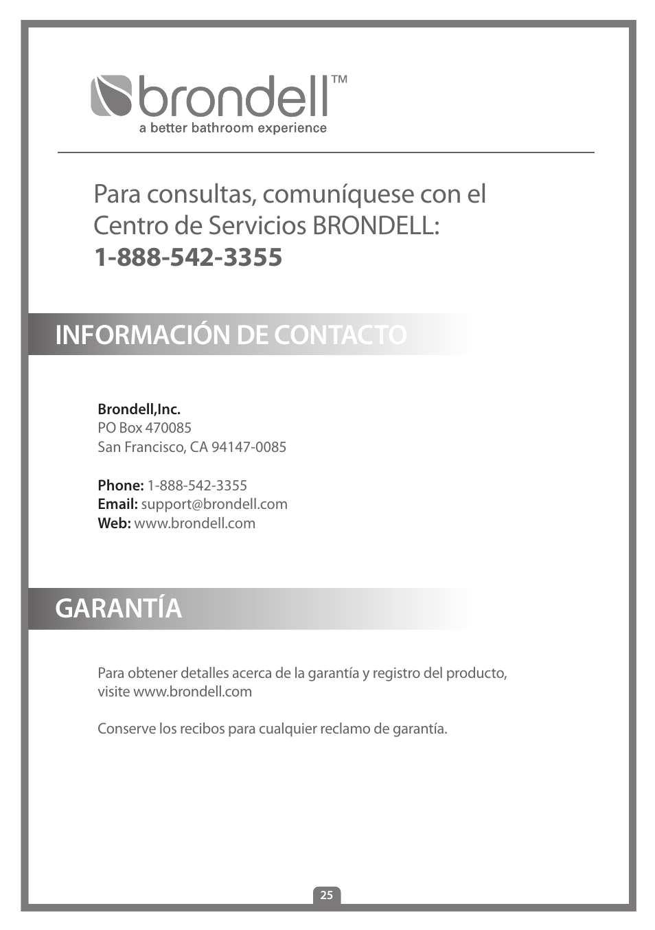 Garantía, Información de contacto garantía | Brondell Swash 300 User Manual | Page 79 / 80