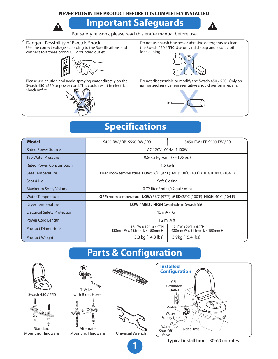 1parts & configuration important safeguards, Specifications | Brondell Swash 550 User Manual | Page 2 / 8