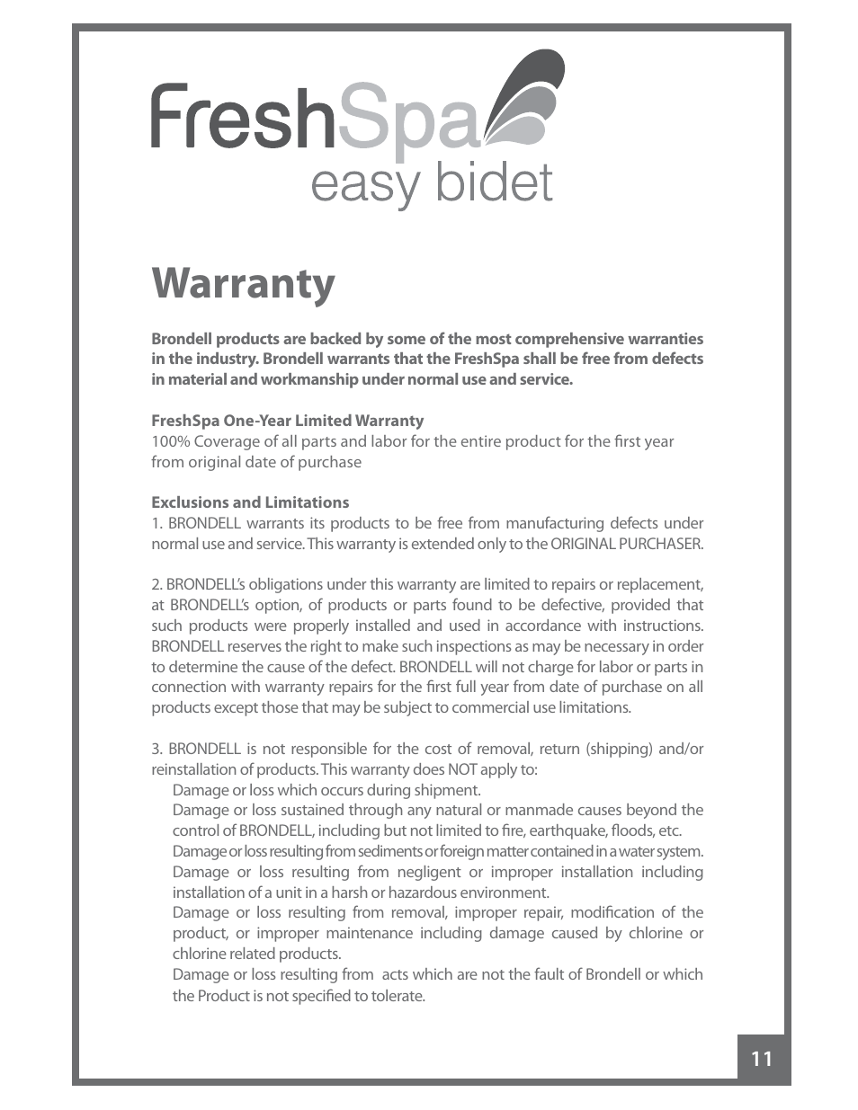 Warranty | Brondell FreshSpa Easy Bidet User Manual | Page 13 / 44