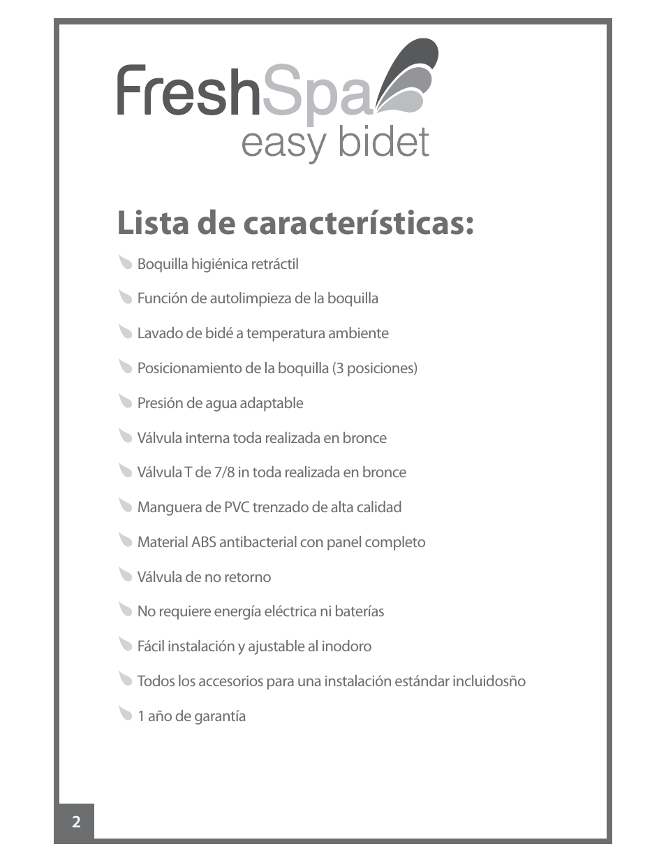 Lista de características | Brondell FreshSpa Easy Bidet User Manual | Page 18 / 44