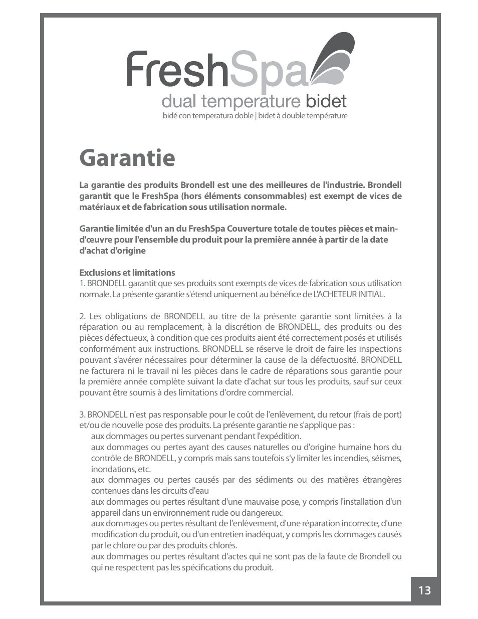 Garantie | Brondell FreshSpa Dual Temperature Bidet User Manual | Page 47 / 52