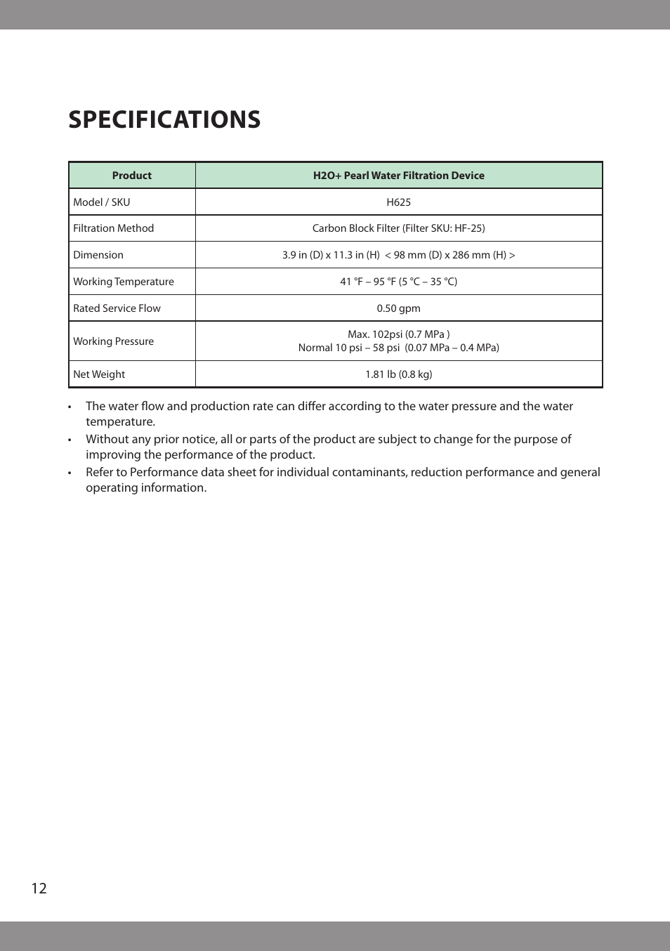 Specifications | Brondell H2O+ Pearl H620 Water Filtration System User Manual | Page 14 / 56
