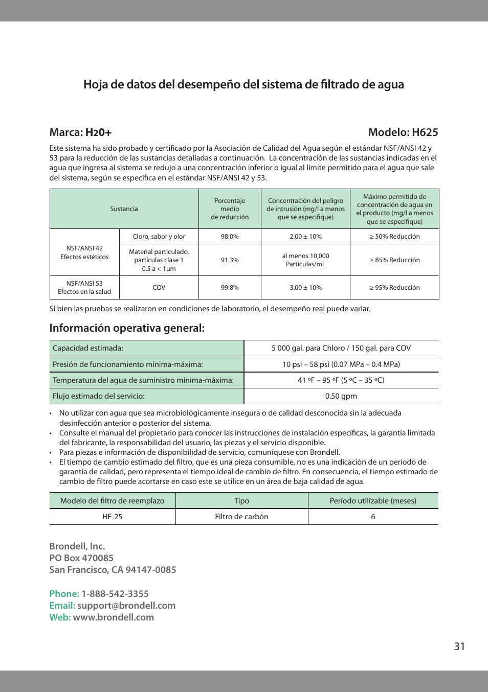Marca: h, 0+ modelo: h625, Información operativa general | Brondell H2O+ Pearl H620 Water Filtration System User Manual | Page 33 / 56