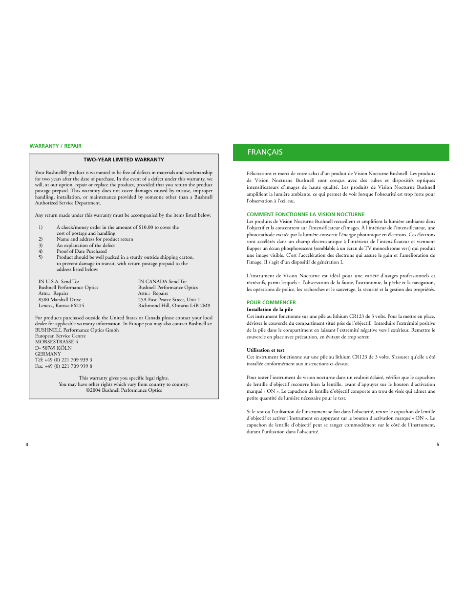 Français | Bushnell PROWLER 26-2024W User Manual | Page 4 / 15