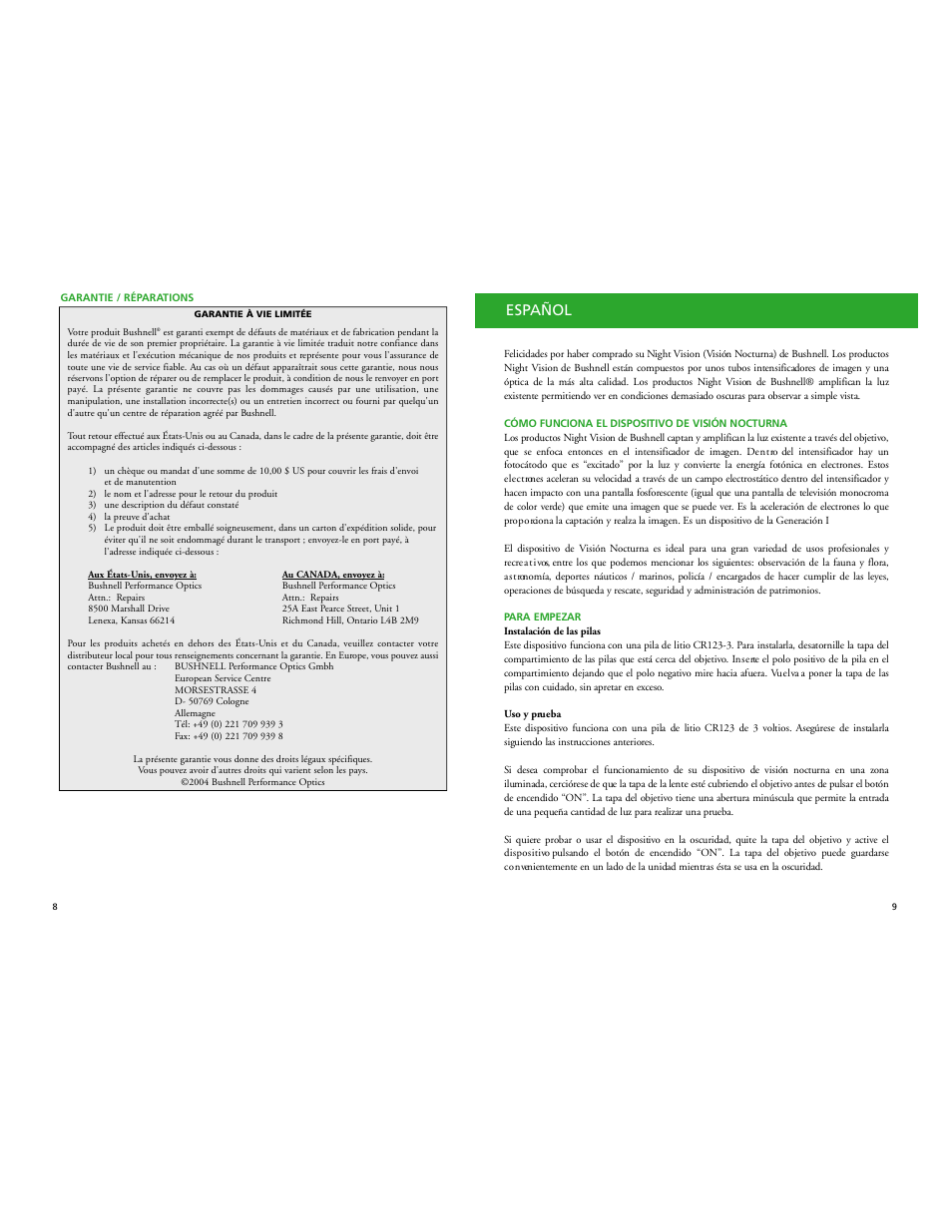 Español | Bushnell PROWLER 26-2024W User Manual | Page 6 / 15