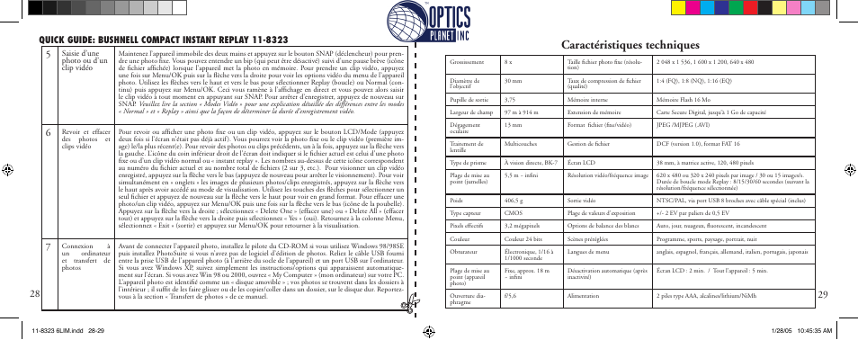 Caractéristiques techniques | Bushnell Instant Replay 11-8323 User Manual | Page 15 / 73