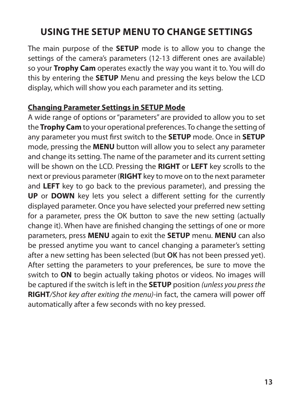 Using the setup menu to change settings | Bushnell TROPHY CAM 119425C2 User Manual | Page 13 / 36