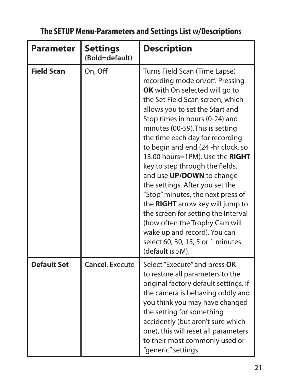 Parameter settings, Description | Bushnell TROPHY CAM 119425C2 User Manual | Page 21 / 36