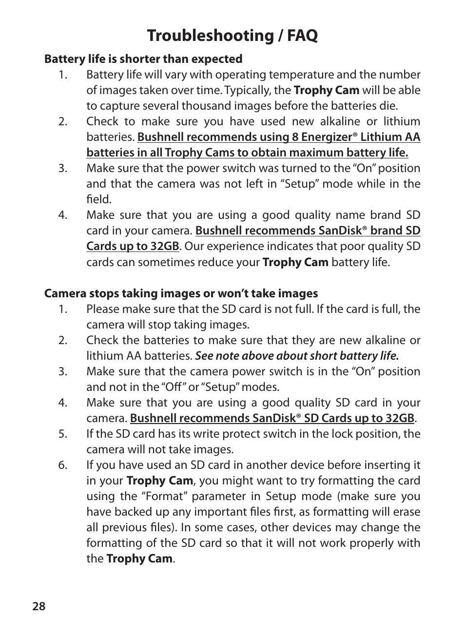 Troubleshooting / faq | Bushnell TROPHY CAM 119425C2 User Manual | Page 28 / 36