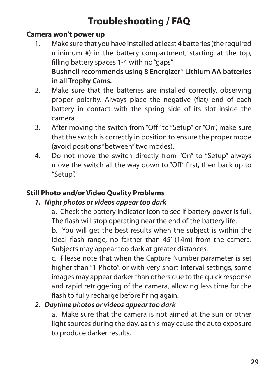 Troubleshooting / faq | Bushnell TROPHY CAM 119425C2 User Manual | Page 29 / 36