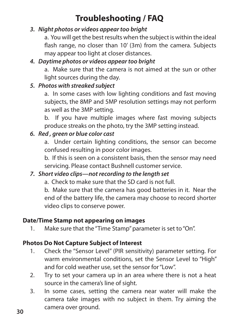 Troubleshooting / faq | Bushnell TROPHY CAM 119425C2 User Manual | Page 30 / 36