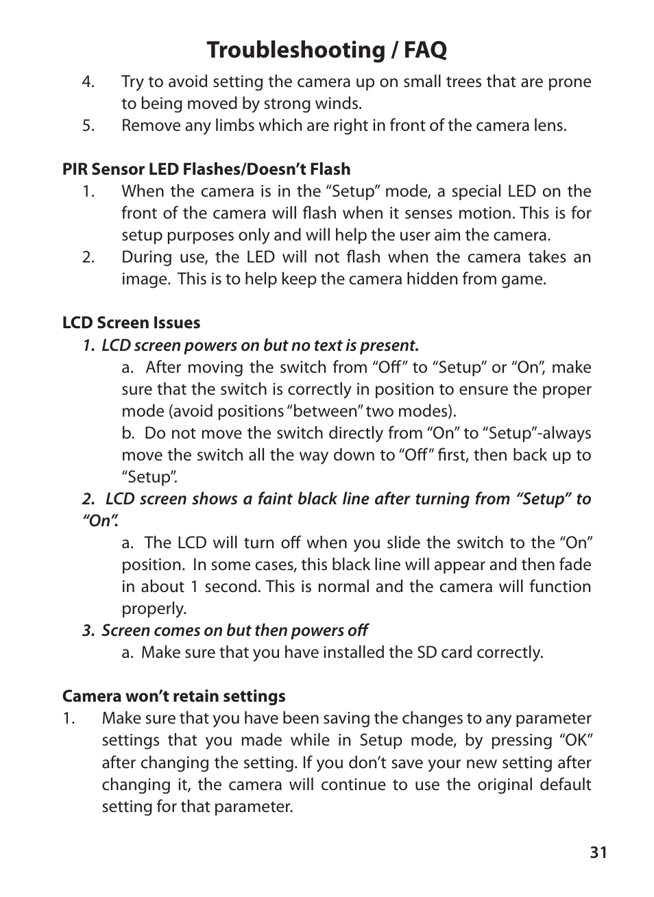 Troubleshooting / faq | Bushnell TROPHY CAM 119425C2 User Manual | Page 31 / 36