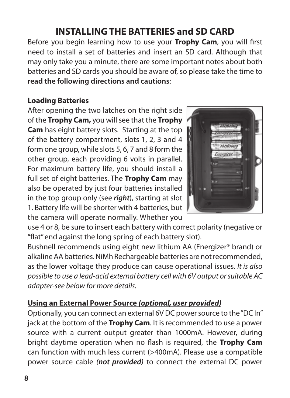 Installing the batteries and sd card | Bushnell TROPHY CAM 119425C2 User Manual | Page 8 / 36