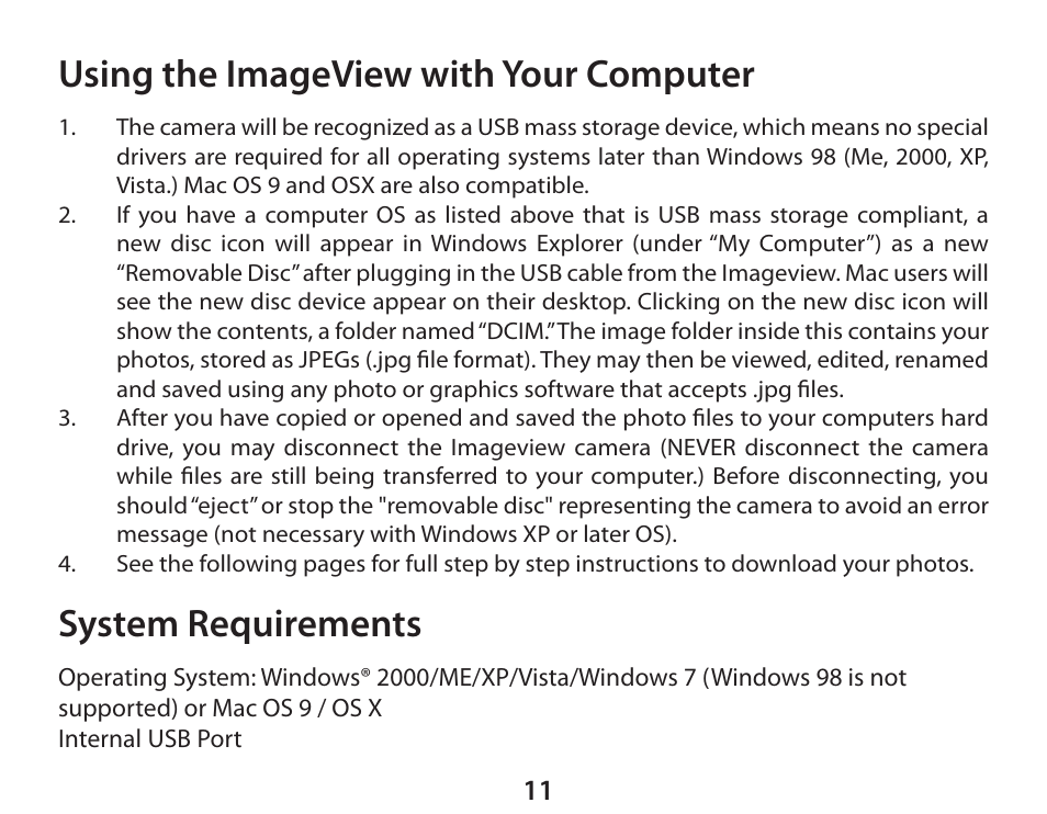 Using the imageview with your computer, System requirements | Bushnell 111026 User Manual | Page 11 / 20