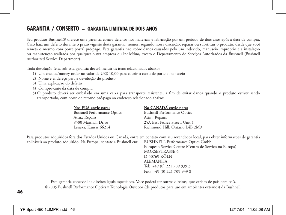 Garantia / conserto | Bushnell YP SPORT 450 20-1920 User Manual | Page 48 / 52