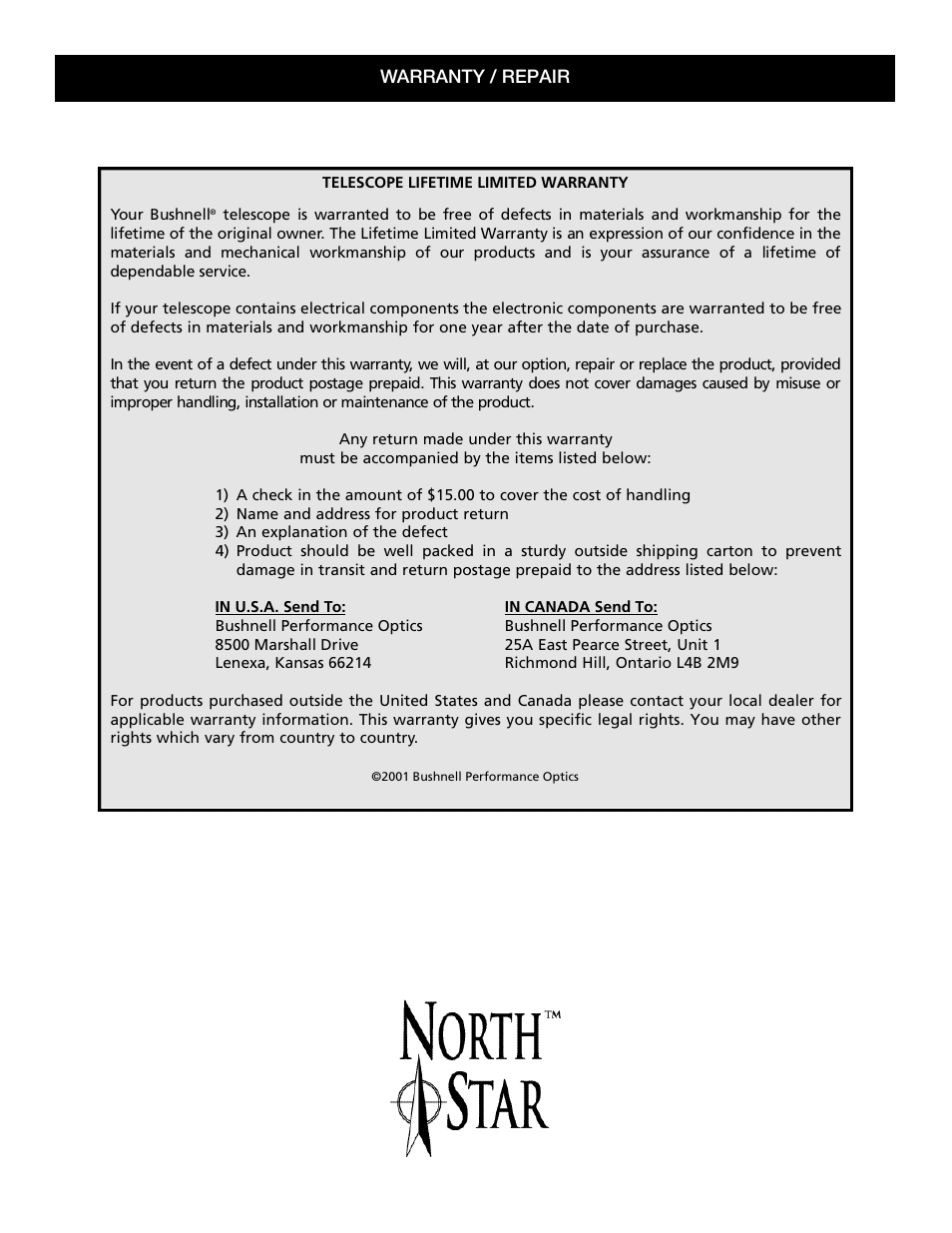 Bushnell NORTH STAR 78-7876 User Manual | Page 16 / 16