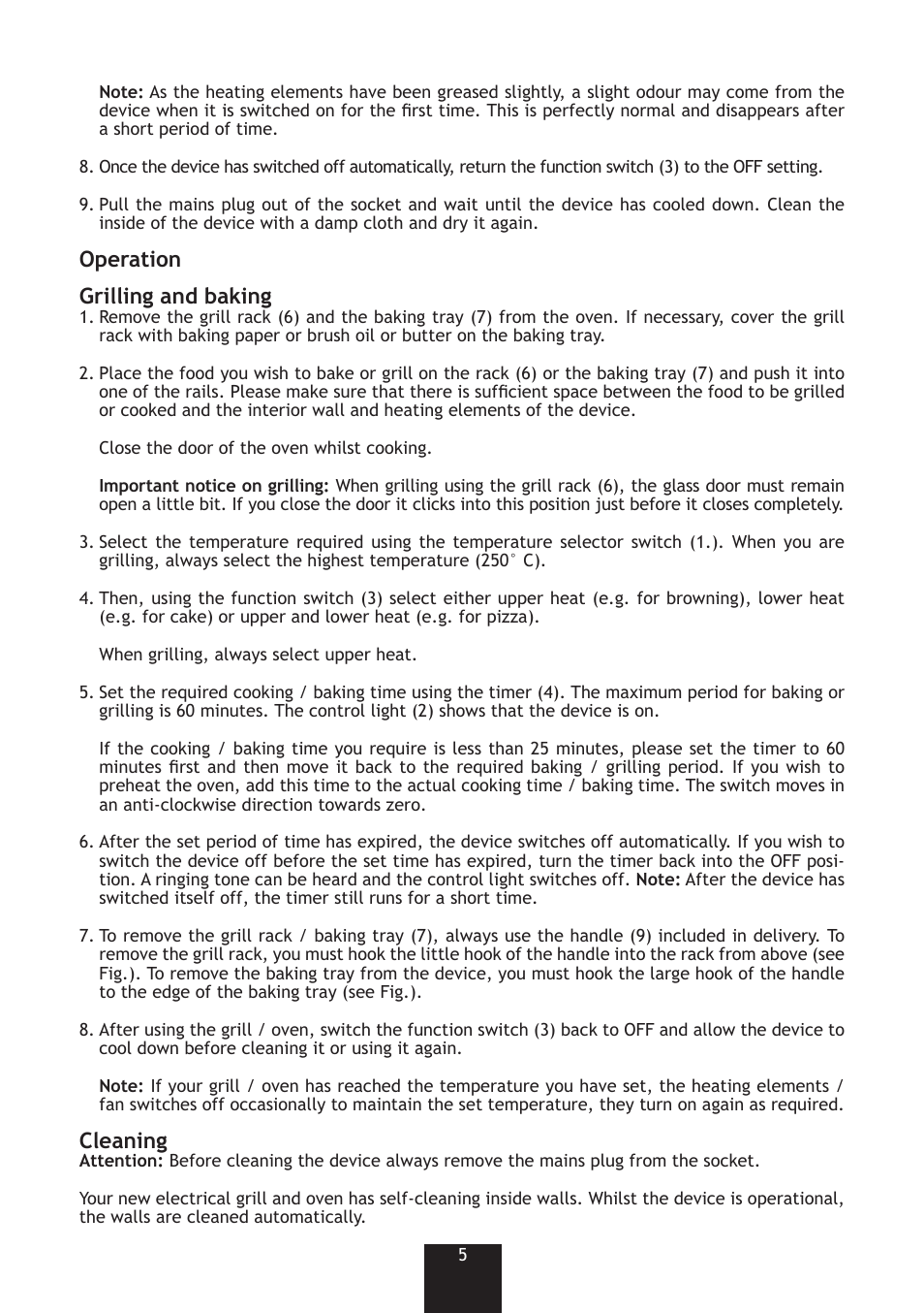 Operation grilling and baking, Cleaning | Bifinett KH 1380 User Manual | Page 5 / 8