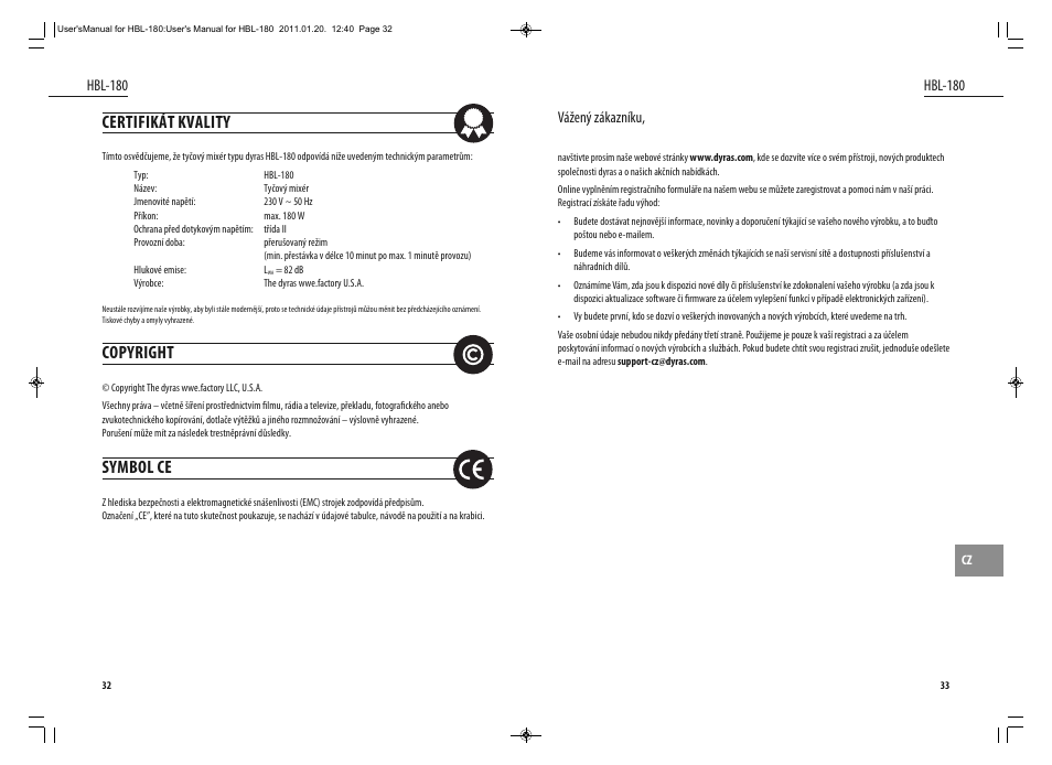 Certifikát kvality, Copyright, Symbol ce | Dyras HBL-180 User Manual | Page 17 / 29