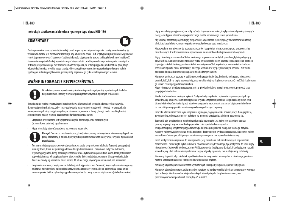 Komentarz, Ważne informacje bezpieczeństwa, Hbl-180 | Dyras HBL-180 User Manual | Page 8 / 29
