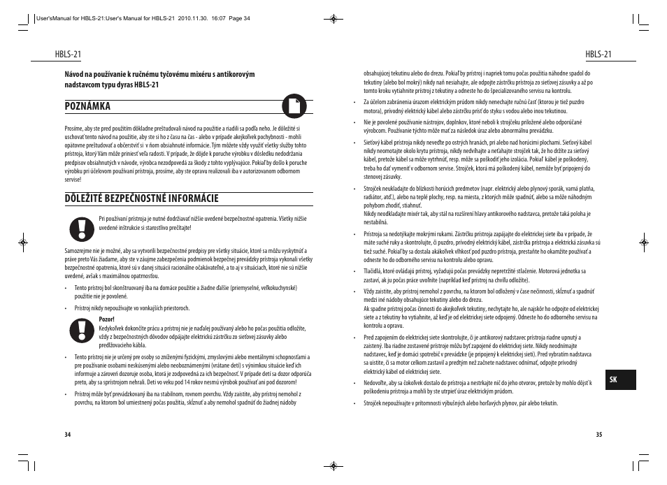 Poznámka, Dôležité bezpečnostné informácie, Hbls-21 | Dyras HBLS-21 User Manual | Page 18 / 29