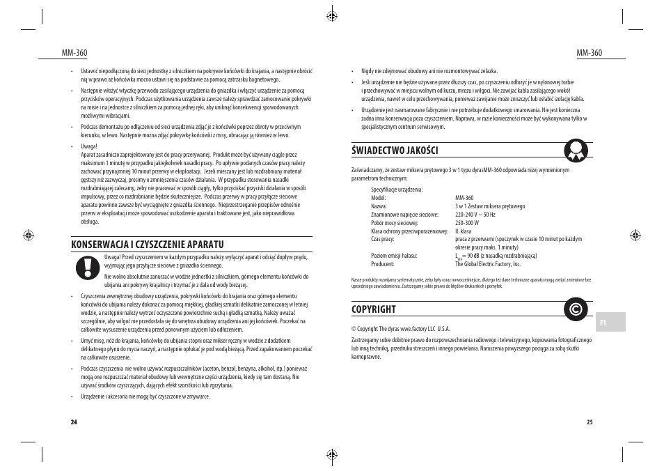Konserwacja i czyszczenie aparatu, Świadectwo jakości, Copyright | Mm-360 | Dyras MM-360 User Manual | Page 13 / 31