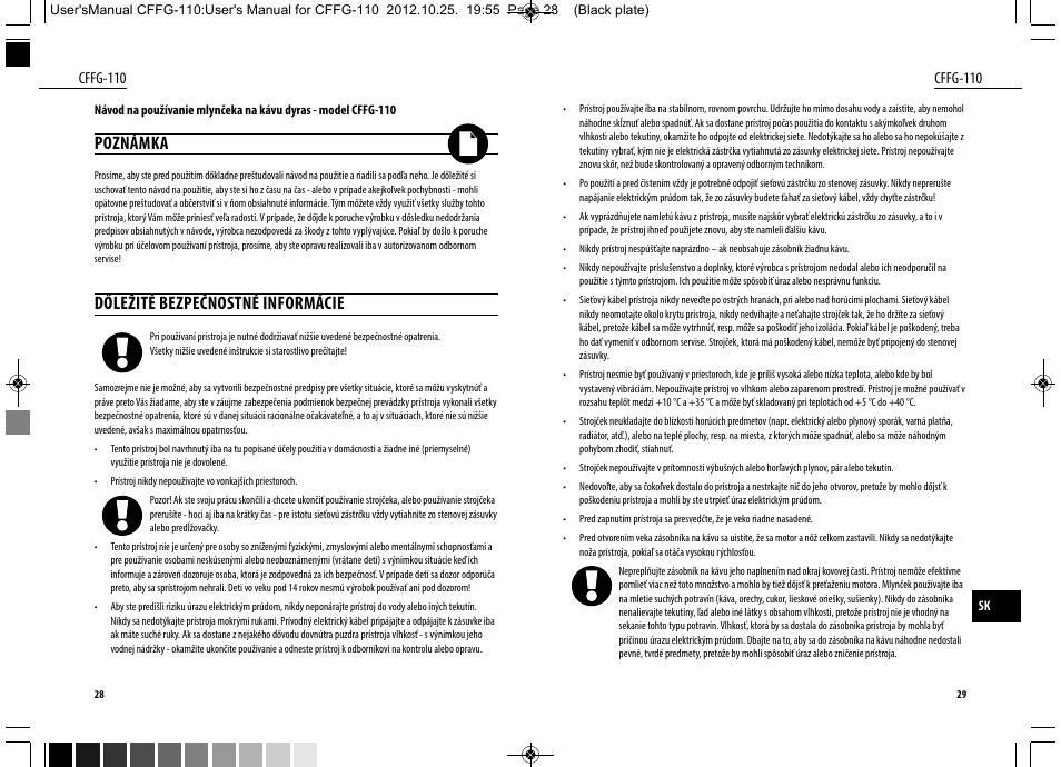 Poznámka, Dőležité bezpečnostné informácie | Dyras CFFG-110 User Manual | Page 15 / 23