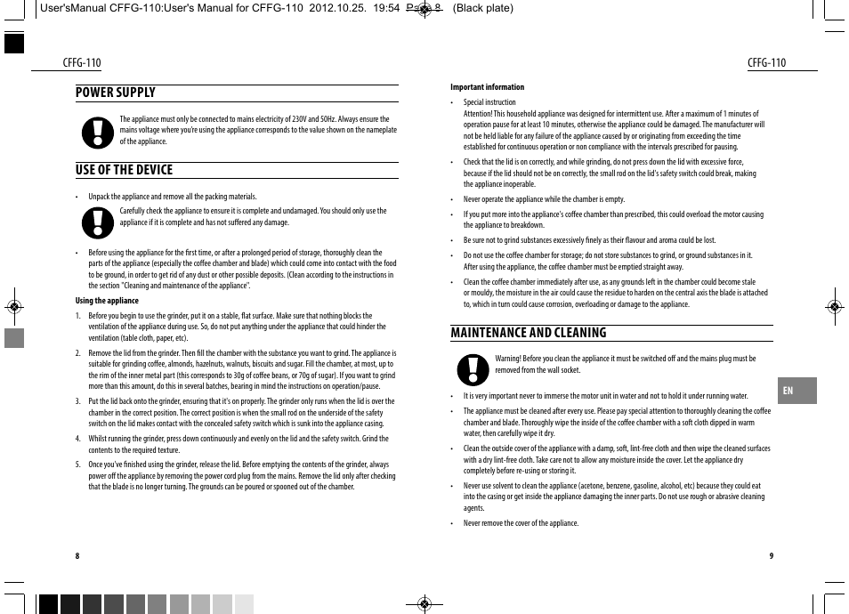 Power supply, Use of the device, Maintenance and cleaning | Dyras CFFG-110 User Manual | Page 5 / 23