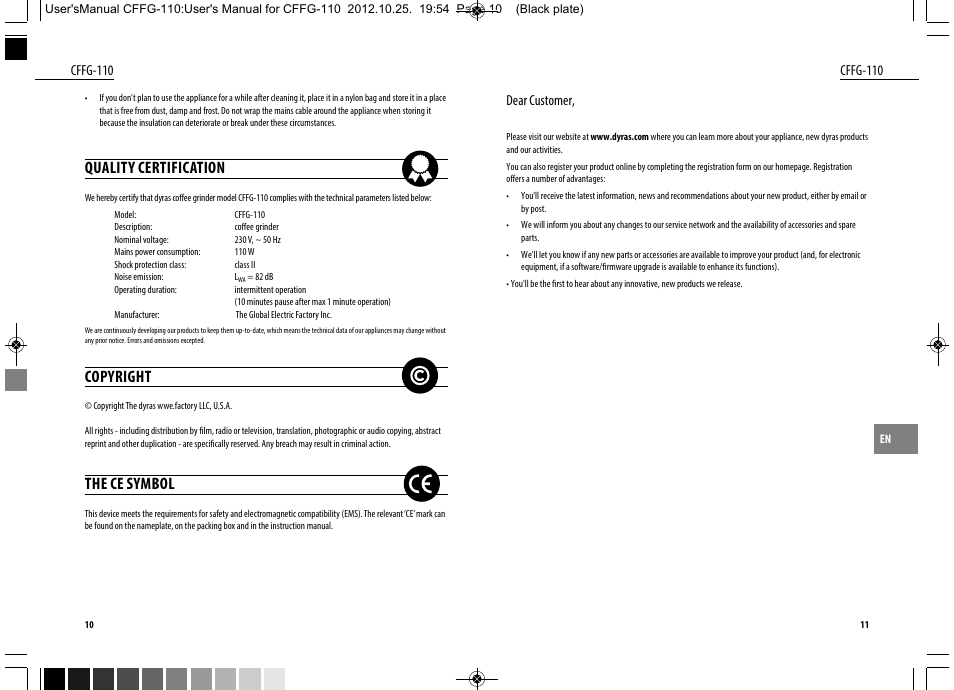 Quality certification, Copyright, The ce symbol | Dyras CFFG-110 User Manual | Page 6 / 23