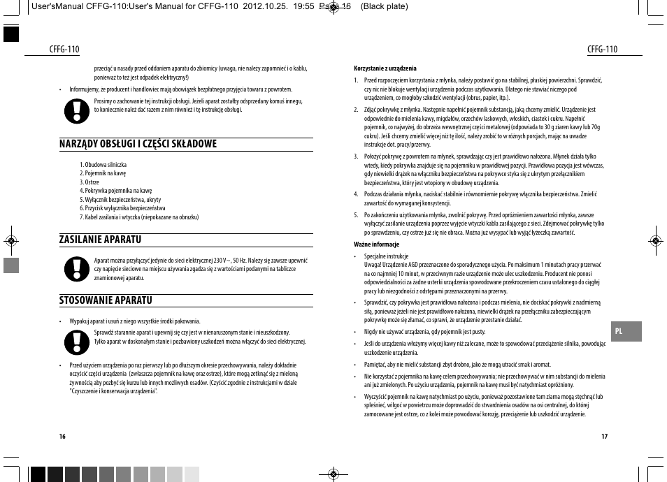 Narządy obsługi i części składowe, Zasilanie aparatu, Stosowanie aparatu | Dyras CFFG-110 User Manual | Page 9 / 23