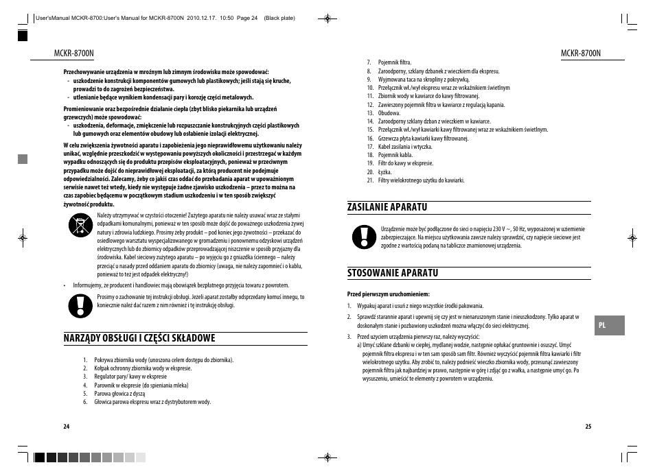 Narządy obsługi i części składowe, Zasilanie aparatu, Stosowanie aparatu | Dyras MCKR-8700N User Manual | Page 13 / 43