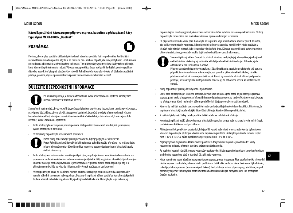 Poznámka, Důležité bezpečnostní informace, Mckr-8700n | Dyras MCKR-8700N User Manual | Page 19 / 43