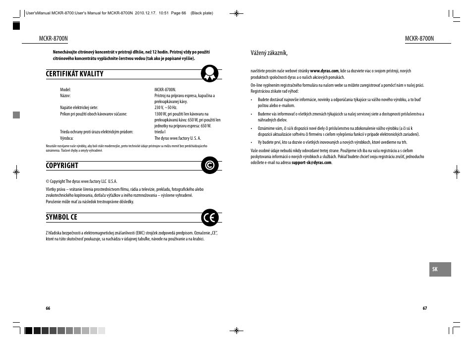 Certifikát kvality, Copyright, Symbol ce | Dyras MCKR-8700N User Manual | Page 34 / 43