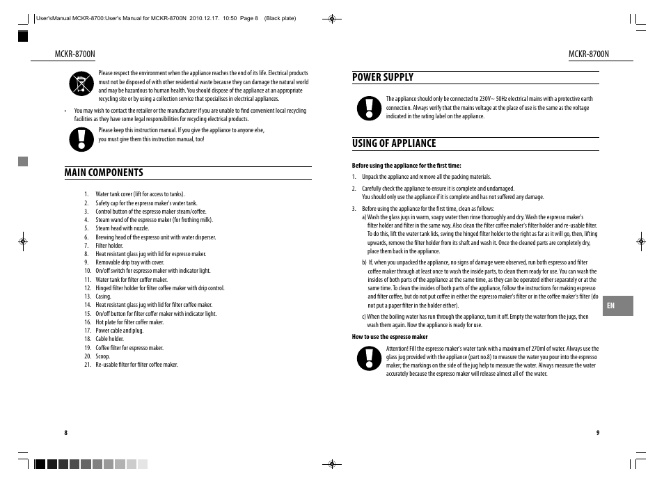 Main components, Power supply, Using of appliance | Dyras MCKR-8700N User Manual | Page 5 / 43