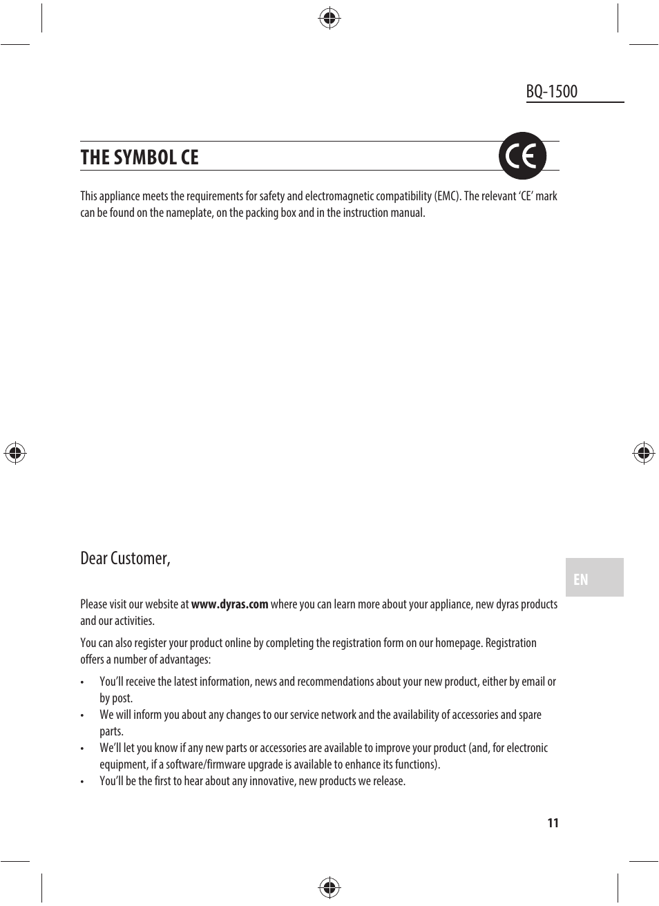 The symbol ce, Bq-1500, Dear customer | Dyras BQ-1500 User Manual | Page 11 / 49