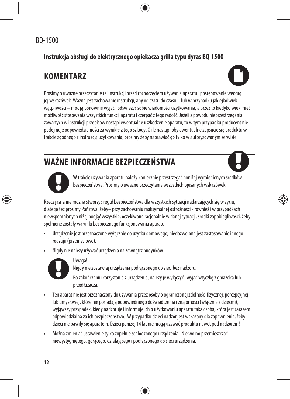 Komentarz, Ważne informacje bezpieczeństwa, Bq-1500 | Dyras BQ-1500 User Manual | Page 12 / 49