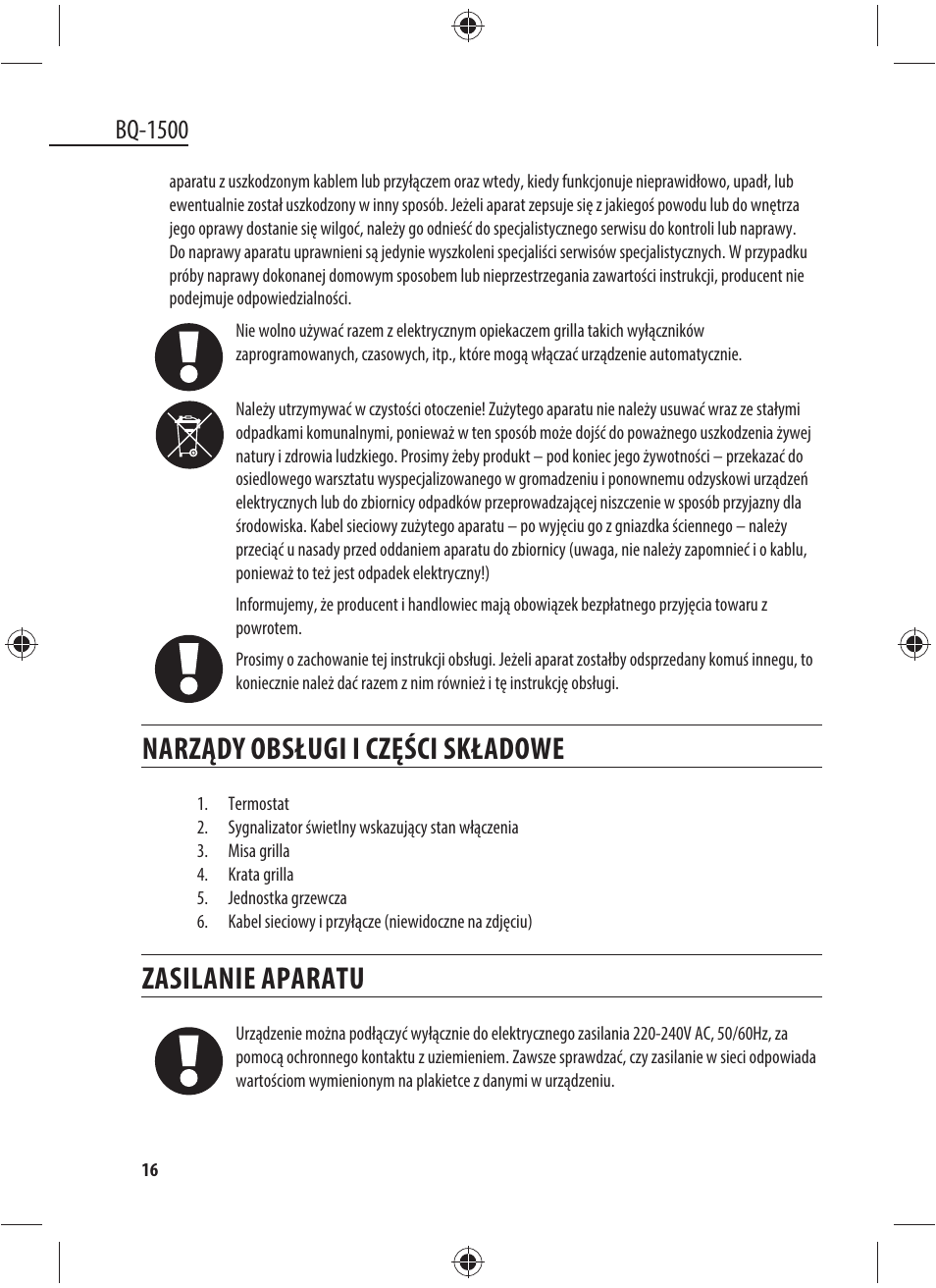 Narządy obsługi i części składowe, Zasilanie aparatu, Bq-1500 | Dyras BQ-1500 User Manual | Page 16 / 49