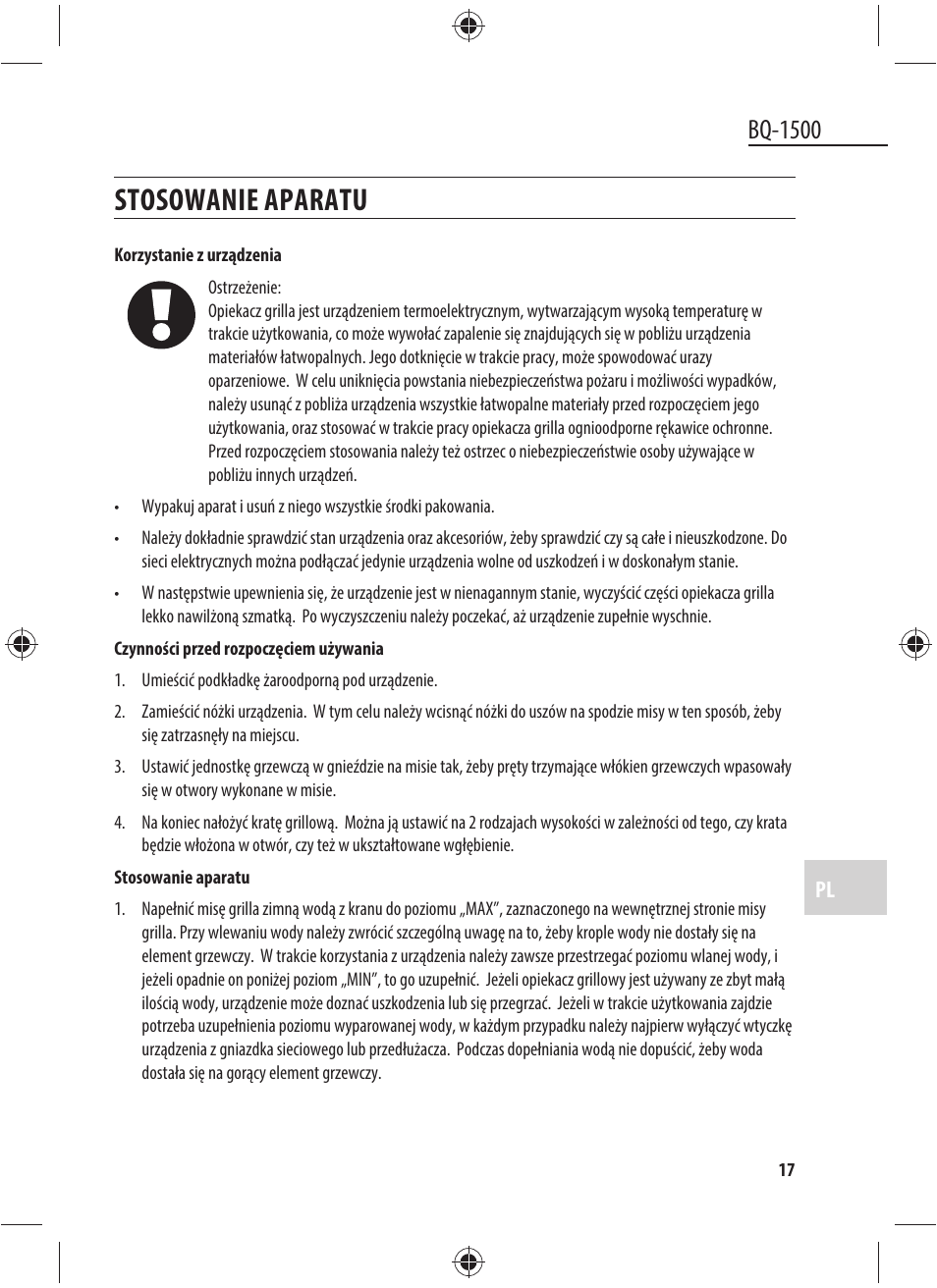 Stosowanie aparatu, Bq-1500 | Dyras BQ-1500 User Manual | Page 17 / 49