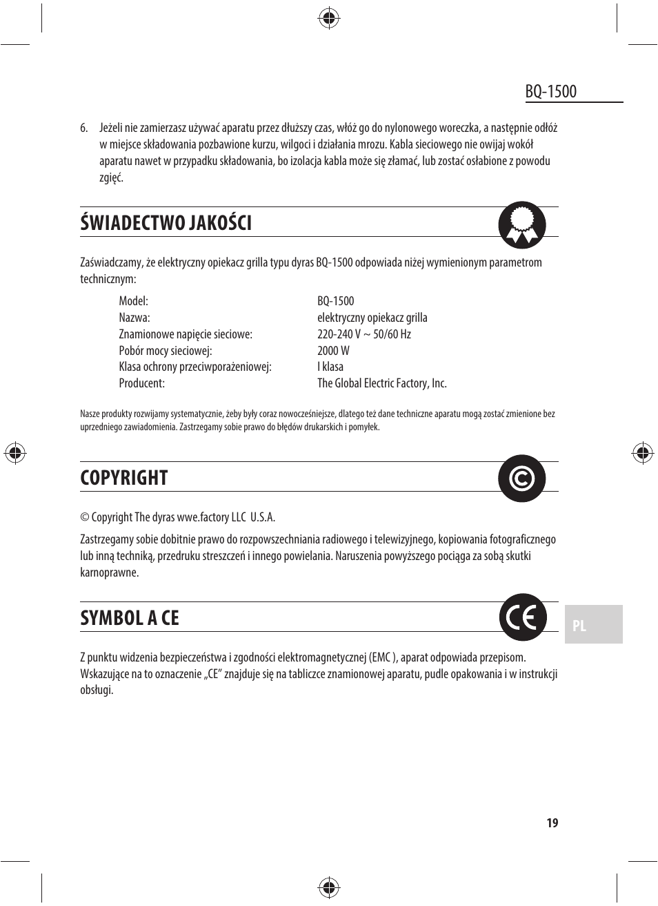 Świadectwo jakości, Copyright, Symbol a ce | Bq-1500 | Dyras BQ-1500 User Manual | Page 19 / 49