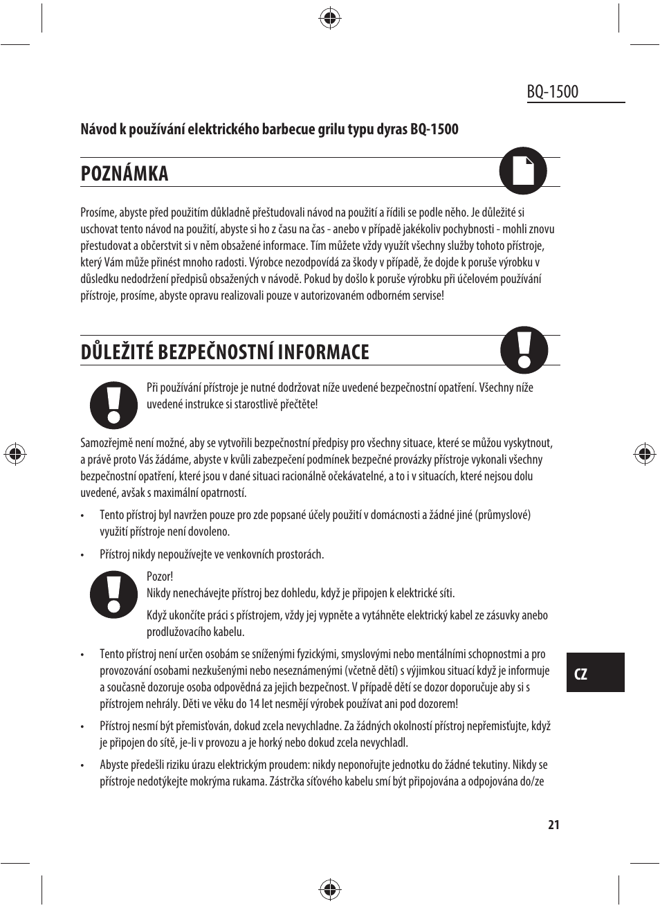 Poznámka, Důležité bezpečnostní informace, Bq-1500 | Dyras BQ-1500 User Manual | Page 21 / 49