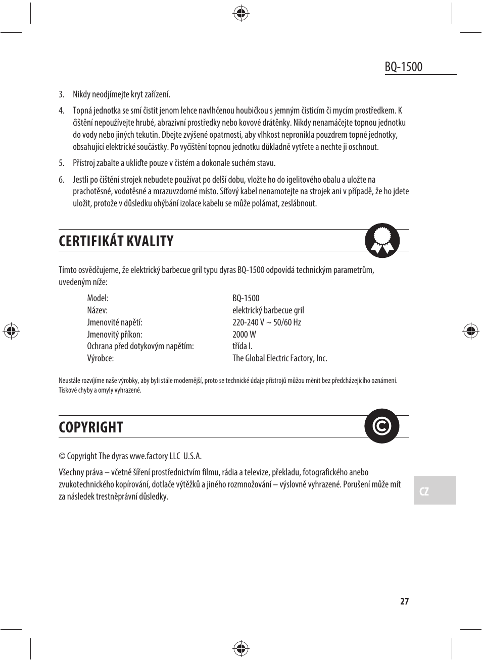 Certifikát kvality, Copyright, Bq-1500 | Dyras BQ-1500 User Manual | Page 27 / 49