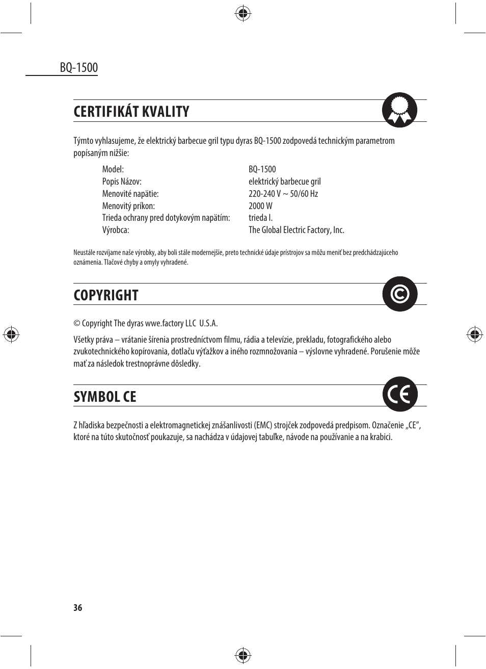 Certifikát kvality, Copyright, Symbol ce | Bq-1500 | Dyras BQ-1500 User Manual | Page 36 / 49