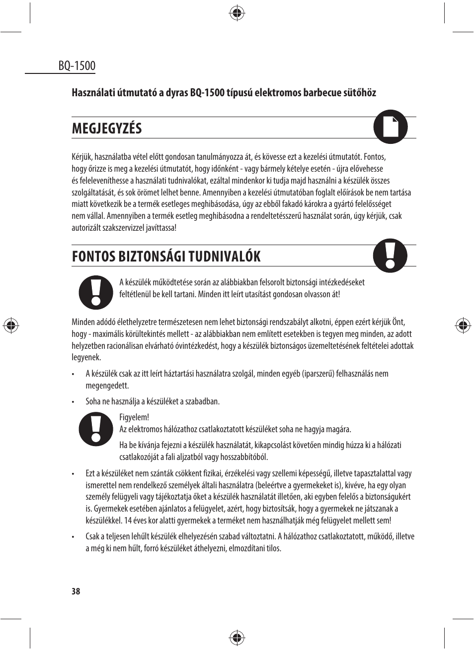 Megjegyzés, Fontos biztonsági tudnivalók, Bq-1500 | Dyras BQ-1500 User Manual | Page 38 / 49