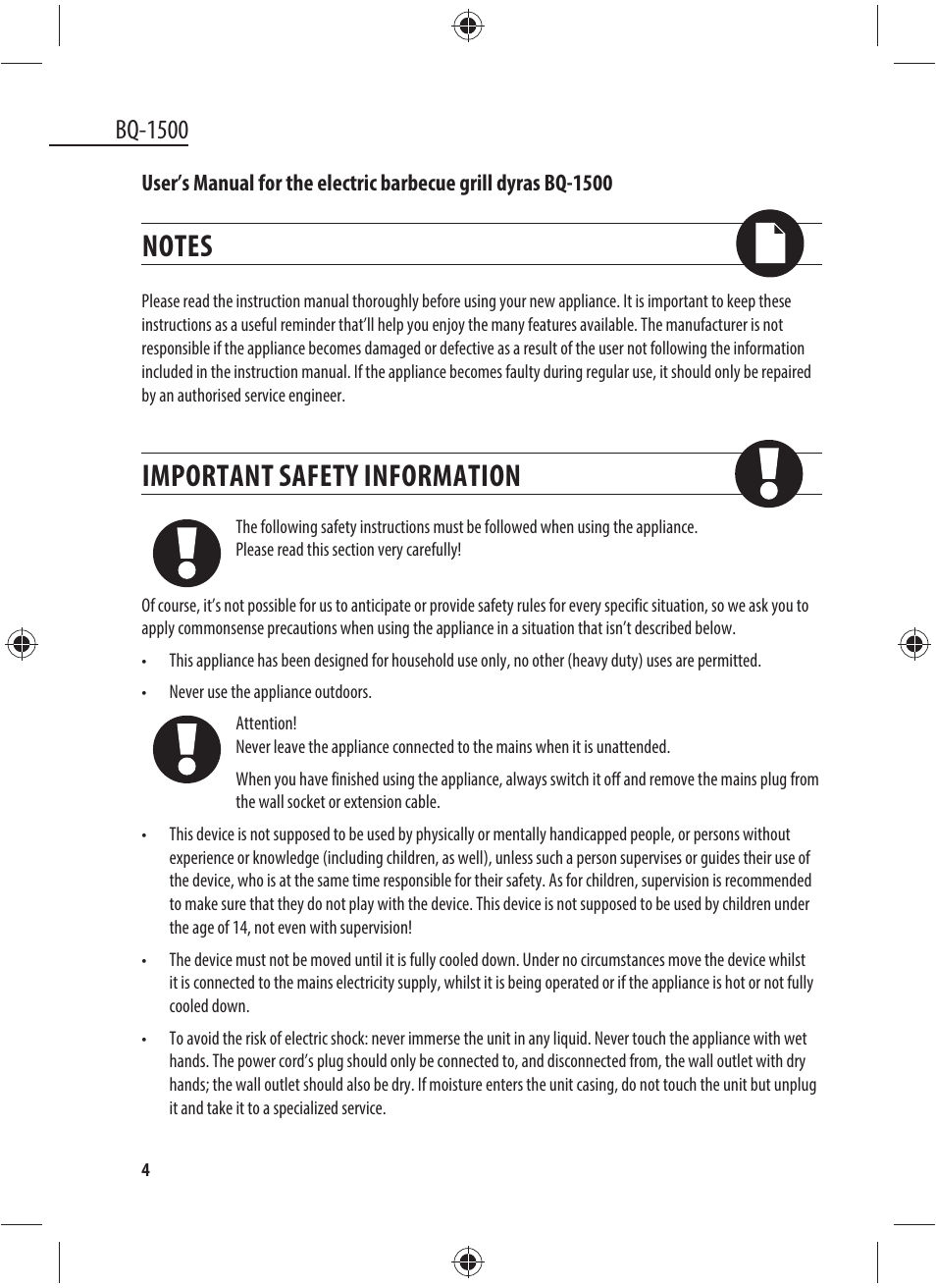 Important safety information, Bq-1500 | Dyras BQ-1500 User Manual | Page 4 / 49